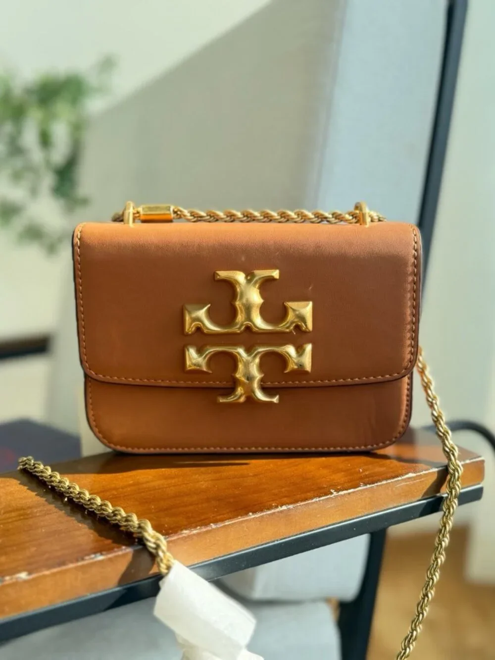 Tory Burch Brown Leather Eleanor Mini Chain Crossbody Bag Gold Double T Logo